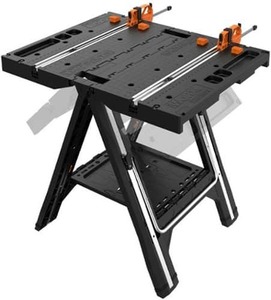 lot 7318 image: WORX - Pegasus 2-in-1 Folding Work Table & Sawhorse, Easy Setup Portable Lightweight Workbench Includes 2 Clamps & 4 Clamp Dogs - Black