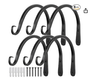 lot 7345 image: Worth Garden 6-Pack 10inches Plant Hanger Bracket - Hand-Forged Wrought Iron Powder-Coated Heavy Duty Wall Hooks - Black Curved Plant Hanging Hooks for Bird Feeders, Flower Baskets, Indoor & Outdoor Use