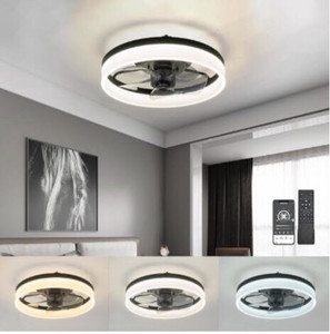 lot 7347 image: GQR Ceiling Fans with Lights 15.7in, Low Profile Ceiling Fan Flush Mount with Remote, Dimmable LED 3 Color 6 Speeds Timing, Reversible Bladeless Modern Ceiling Fans for Bedroom Living Room,Black