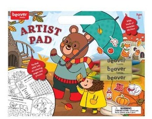 lot 12 image: Large Artist Pad with Handle Set, Reusable Sticker Book with Coloring and Puzzle Activities for Kids 3 and Up, Includes 3 Double-Sided Crayons, Kids Art Supplies for Travel and Home