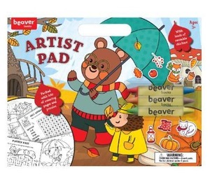 lot 13 image: Large Artist Pad with Handle Set, Reusable Sticker Book with Coloring and Puzzle Activities for Kids 3 and Up, Includes 3 Double-Sided Crayons, Kids Art Supplies for Travel and Home