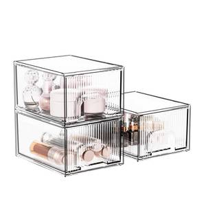 lot 2634 image: FBOTML 3Pack Striped Stackable Makeup Organizer, Clear Acrylic Organizers Storage Drawer Organizer, Cosmetics Case and Beauty Organizer for Vanity, Kitchen Cabinets, Pantry Organization and Storage