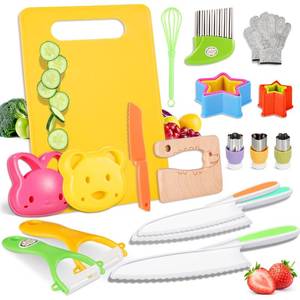 lot 2666 image: Ganiza 23 Pcs Kids Knife Set for Real Cooking, Montessori Toddlers Kitchen Tools with Gloves, Cutting Board, Crinkle & Sandwich Cutters,Y Peelers and Plastic & Wooden Toddler Knives