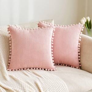 lot 2667 image: MIULEE Boho Decorative Throw Pillow Covers with Pom-poms, Soft Corduroy Square Solid Lumbar Cushion Cases for Spring Couch Sofa Bedroom, 18x18 inch Pink