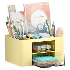 lot 2672 image: Marbrasse Pen Organizer with 2 Drawer, Multi-Functional Pencil Holder for Desk, Desk Organizers and Accessories with 5 Compartments  Drawer for Office Art Supplies (Yellow)