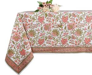 lot 2681 image: Ridhi New York Pink and Olive Green Hand Block Print Cotton Cloth Dinning Table Cover Wedding Farmhouse Thanksgiving Christmas Spring Fall Tablecloth 16 Seater 72X190 Inches Rectangle - Retail $129.29