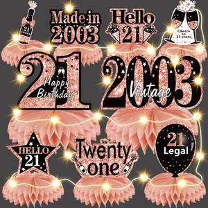 lot 2684 image: Bumqviy 9Pcs 21st Birthday Honeycomb Centerpieces Decorations with String Lights for Women, Rose Gold Pink Happy 21 Birthday Table Party Supplies, Vintage 2003 Aged to Perfection Birthday Table Sign