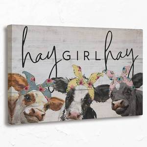 lot 2689 image: Tizzer Cow Decor, Cow Pictures Wall Decor For Bedroom Bathroom Farmhouse, Hay Girl Hay Cow Paintings, Cow Canvas Wall Art Prints 11 x 14 Inches Wood Texture