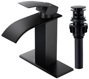 lot 2694 image: Qomolangma Waterfall Bathroom Faucet, Matte Black Modern Single Handle Bathroom Faucets for 1 or 3 Hole Bathroom Sink Faucet Mixer Tap Washbasin Faucet with Deck, Pop-up Drain and Supply Hoses