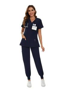 lot 2716 image: COZYFIT Scrubs for Women Set - Stretch V-Neck Scrub Top & Jogger Pant with 8 Pockets, Yoga Waistband, Anti Wrinkle, Slim Fit Women Scrubs - Navy Blue, XXL