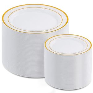 lot 12490 image: AOZITA 200 Pieces Gold Plastic Plates for Party, Heavy Duty Disposable Plastic Plates - 100 Plastic Dinner Plates and 100 Salad Plates for Party Wedding