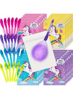 lot 12497 image: ArtCreativity Invisible Ink Pen & Notepad Kit - 24 Sets of Unicorn Party Favor Kits - 24 UV Light Pens and 24 Secret Diary Notebooks - Spy Pen Unicorn Birthday Party Supplies - Kids Stationery Sets