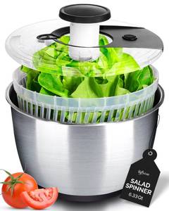 lot 12509 image: Stainless Steel Pump Salad Spinner Large - Easy Compact Kitchen Tool - Stainless Steel Bowl, Drain & Colander - Lettuce Spinner, Vegetable Dryer, Fruit Washer, Pasta & Fries Produce Strainer - 6.33 Qt