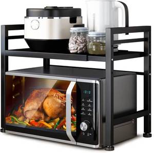 lot 12513 image: DOLALIKE Microwave Oven Rack, Expandable Microwave Stand Countertop Kitchen Utensils Tableware Storage, Carbon Steel Over Microwave Shelf Countertop with 3 Hooks