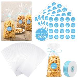lot 12522 image: Menkxi 100 Pack Clear Popcorn Bags Bulk 4.92 x 10.83 Inch Cellophane Treat Bags with She Is Going to Pop Label and Ribbon Plastic Popcorn Bags for Gift Wrapping, Food Storage, Baby Shower Decor(Blue)