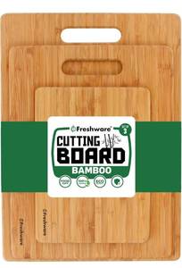 lot 12546 image: Bamboo Cutting Boards for Kitchen Set of 3 Wood Cutting Board for Chopping Meat, Vegetables, Fruits, Cheese, Knife Friendly Serving Tray with Handles