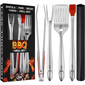 lot 12553 image: Kaluns BBQ Grilling Accessories, Grilling Gifts for Men Dad, Grill Tools for Outdoor Grill, Heavy Duty Stainless Steel Grill Set with Spatula, Tongs, Fork, Brush, & Grilling Mat, Best BBQ Gifts