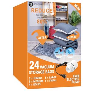 lot 12573 image: 24 Pack Vacuum Storage Bags with Electric Pump, (5 Jumbo, 5 Large, 5 Medium, 5 Small, 4 Roll Up Bags) Space Saver Bag for Clothes, Mattress, Blanket, Duvets, Pillows, Comforters,Travel�