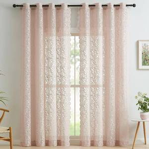 lot 12575 image: Bujasso Pink Lace Window Curtains Vintage Floral Sheer Curtain Panels 95 inch for Living Room Grils Bedroom Elegant Scalloped Light Filtering Pink Drapes Window Treatment Sets Grommet Top 54Wx95Lx2
