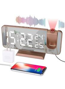 lot 12581 image: Projection Alarm Clock for Bedroom Ceiling Digital Alarm Clock Radio with USB Charger Ports, 7.3 Large LED Screen Alarm Clock, 4 Dimmer, Dual Alarm Clock with 2 Sounds, Snooze, Rose Gold projection may not turn on