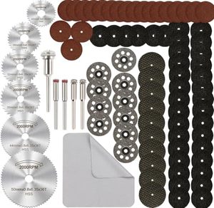 lot 12595 image: Cutting Wheel Set for Rotary Tool, 88Pcs HSS Circular Saw Blades Diamond Wood Glass Plastic Metal Stone Cutting Drill Wheels Kit with Mandrels for Dremel