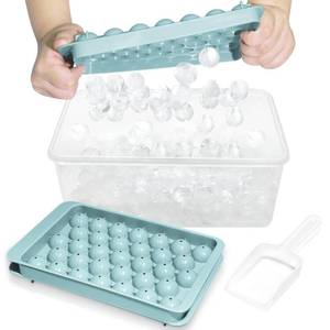 lot 12609 image: Round Ice Cube Tray with Lid & Bin Ice Ball Maker Mold for Freezer with Container Mini Circle Ice Cube Tray Making 66PCS Sphere Chilling Cocktail Whiskey Tea Coffee (2 Trays 1 Ice Bucket & Scoop)