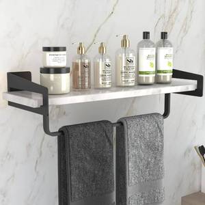 lot 12628 image: XZHXFX Marble Bathroom Shelf with Towel Bar, 16 Metal Modern Floating Shelf Wall Mount for Bathroom Wall Shelf(Black)