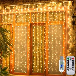 lot 12635 image: Ollny 2 Pack Curtain String Lights Warm White, 400LED 6.6x6.6ft Fairy Lights with Remote 8 Modes, Hanging Lights Outdoor Waterproof, USB Power Wall Lights for Bedroom Indoor Backdrop Window
