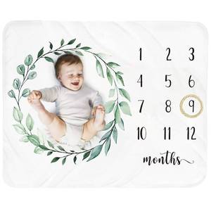 lot 12642 image: Tebaby Baby Monthly Milestone Blanket Boy - Newborn Month Blanket Unisex Neutral Personalized Shower Gift Leaf Nursery Decor Photography Background Prop with Wooden Wreath Large 51x40