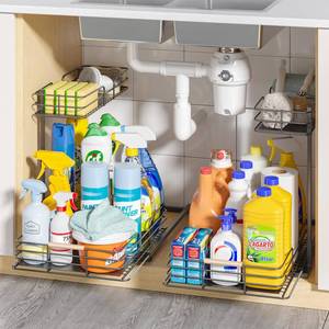 lot 12675 image: LAMU 2Pack Under Sink Organizers and Storage, 2 Tier Bathroom Kitchen Cabinet Organizers and Storage, Pull Out Under Sink Storage Kitchen Shelf Organizer for Under Counter Storage Organizer