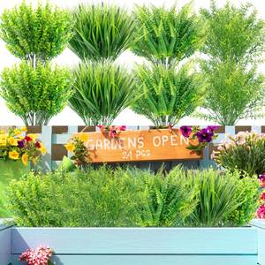 lot 12676 image: Bundles Artificial Plants, Bulk Fake Boston Fern Boxwood Rosemary Grass Greenery Outdoor UV Resistant No Fade Faux Plastic Plants Garden Porch Window Box Decorating (Pcs)