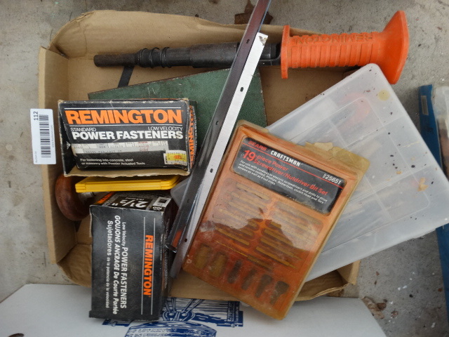 lot 112 image: Lot of Wood Working Tools, Blades, Fasteners, Drill Bits.