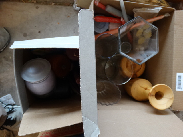 lot 143 image: 2 Boxes of Candles & Wood and Glass Vases.