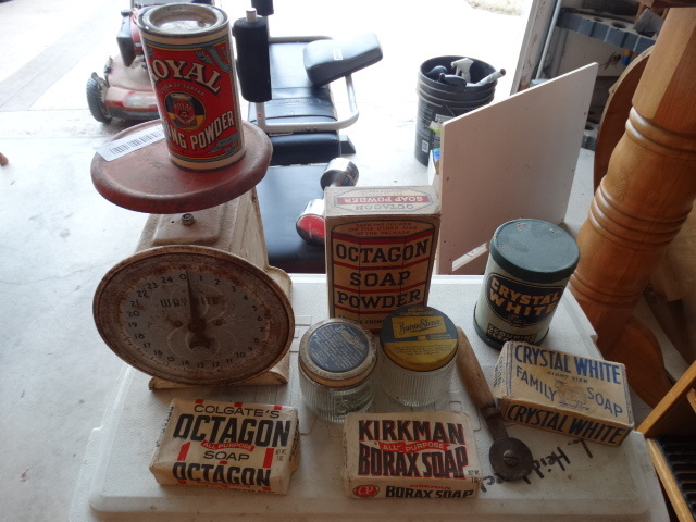 lot 155 image: Lot of Antique Cleaning ProductsContainers & Vintage Way Rite Scale.