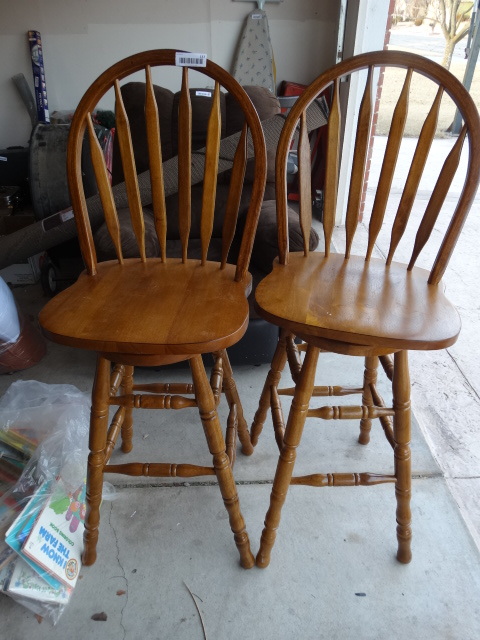 lot 157 image: Pair - Oak Swivel Bar Chairs.
