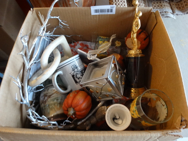 lot 167 image: Box of Home Decor, Glassware, & Mugs.