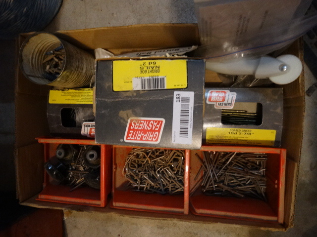 lot 183 image: Flat of Nails, Fasteners, Repair Parts & Bins.