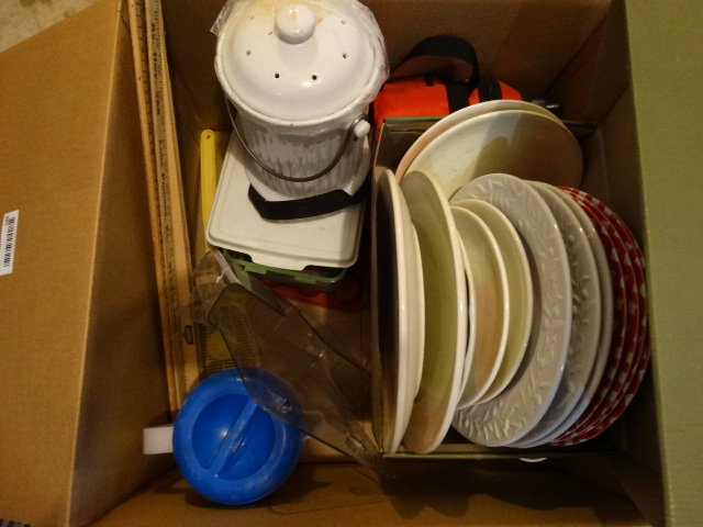 lot 186 image: Large Box of Kitchenware, Dishes & 3 Wood Yard Sticks.