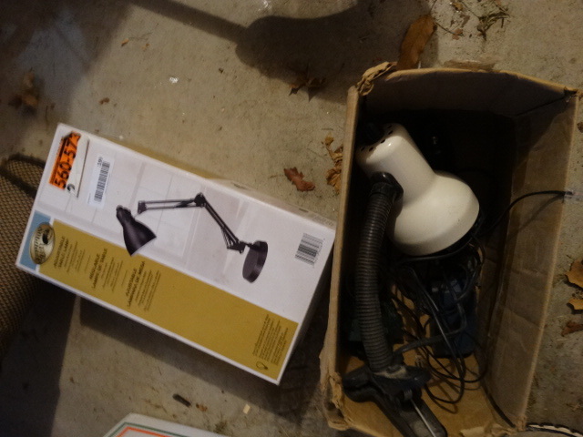 lot 199 image: Adjustable Table Lamp, Clamp Lamp, & Box of Extension Cords.