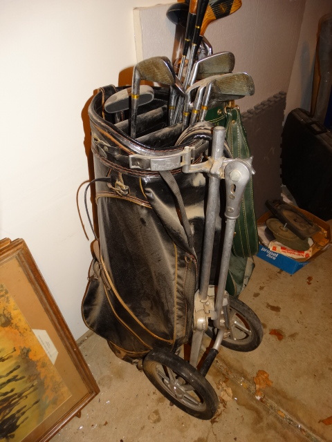 lot 216 image: Vintage Golf BagCart with Clubs & Balls.