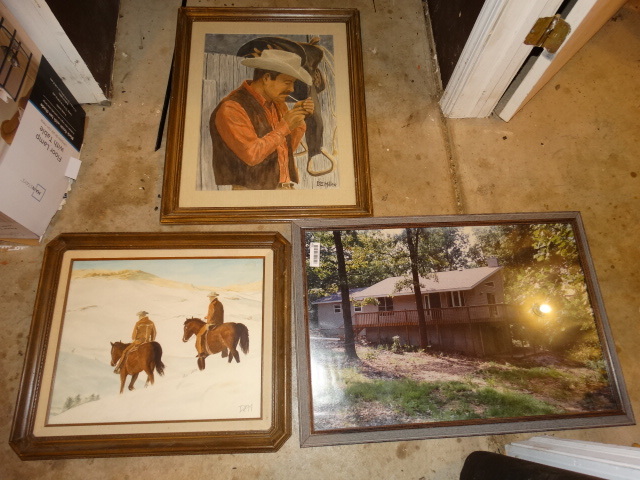 lot 219 image: 2 Watercolor Paintings by D.E. Miller & Framed Picture of Cabin.