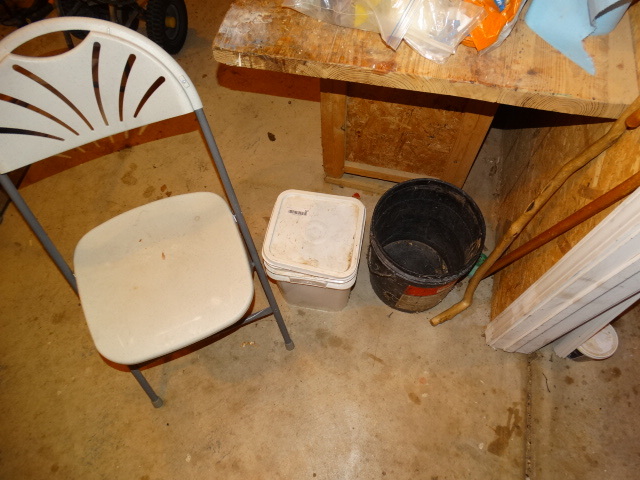 lot 222 image: Folding Chair, Buckets - 1 wBird Seed, 2 Wood Canes.