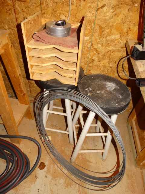 lot 228 image: Roll of Heavy Cable, 2 Wood Stools, Tape, Wood File Box.