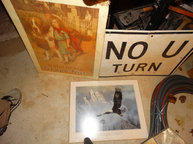 lot 232 image: Vintage Grape Nuts Poster, No U Turn Sign, Eagle Print.