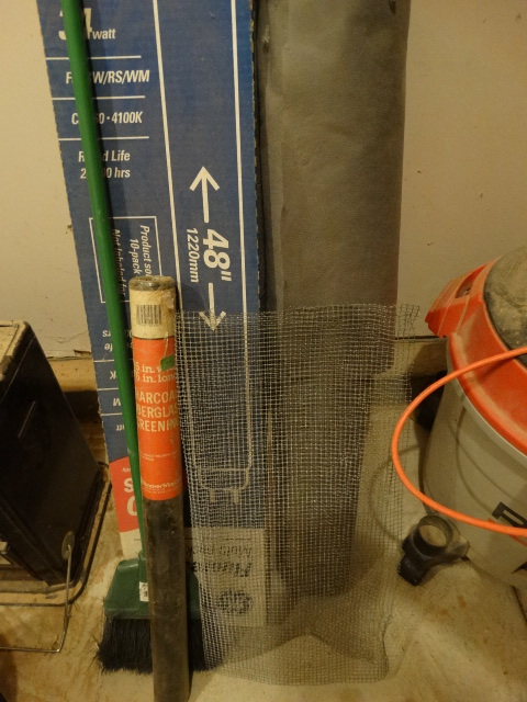 lot 238 image: Pack of Fluorescent Bulbs, Broom Roll of Screen & Roll of Landscape Fabric.