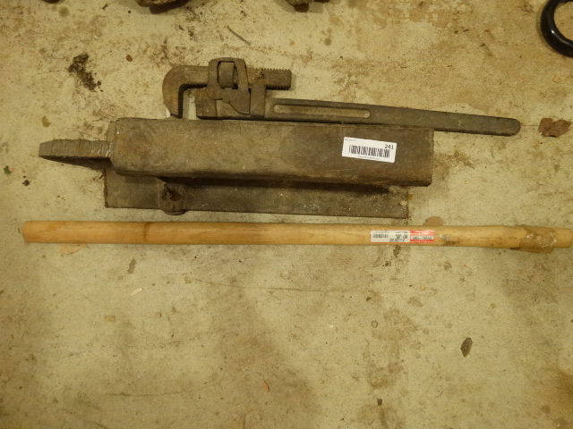 lot 241 image: Axe Handle, Large Pipe Wench, & Iron Anvil.