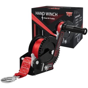 lot 12753 image: TYT 1600lb Boat Trailer Winch with 8M Red Strap, 2 Way Ratchet Hand Crank Strap Winch with Strong Hook, Heavy Duty Steel Construction Manual Gear Winch for RV Jet Ski Boat Trailer Towing Pulling Winch