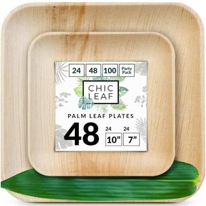 lot 12761 image: Chic Leaf Palm Leaf Disposable Plates - Bamboo Plates Disposable 10 Inch & 7 Inch Square (48 pc) Compostable & Biodegradable, Better than Plastic Plates - Heavy-Duty, Party Plates Dinnerware Set