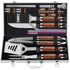 lot 15677 image: ROMANTICIST 25pcs Extra Thick Stainless Steel Grill Tool Set for Men, Heavy Duty Grilling Accessories Kit for Backyard, BBQ Utensils Gift Set with Spatula,Tongs in Aluminum Case for Birthday Brown