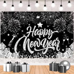 lot 16206 image: Black Silver Happy New Year Party Banner Decorations Large Black Silver 2024 New Years Eve Banner Backdrop Sign Photo Booth Background for New Year Holiday Indoor Outdoor Party Supplies 71x43Inch